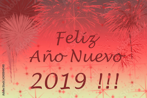 New Year 2019 greetings card. Fireworks effects on background.