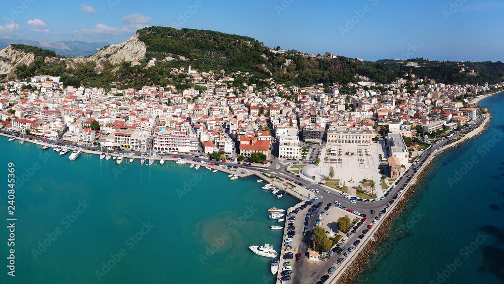 Aerial drone ultra wide panoramic photo of famous and picturesque port and town of Zakynthos island, Ionian, Greece