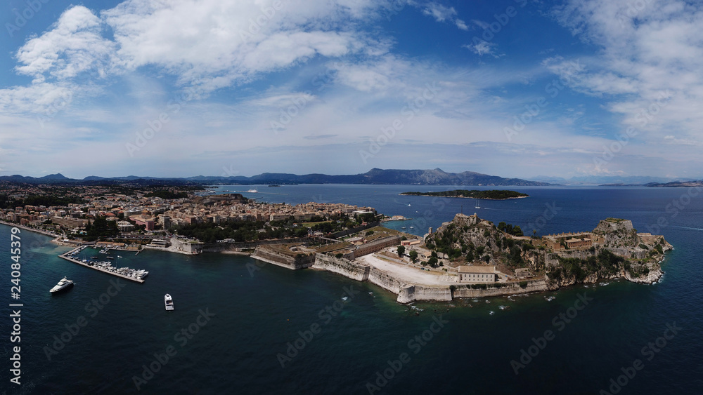 Aerial drone bird's eye view panoramic photo of iconic capital of Corfu island or Kerkyra with traditional Italian architecture and old fortified castle, Ionian, Greece
