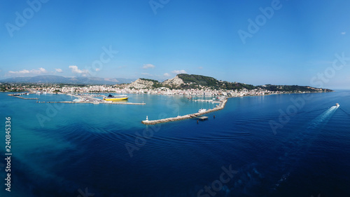 Aerial drone ultra wide panoramic photo of famous and picturesque port and town of Zakynthos island, Ionian, Greece