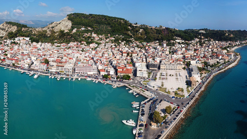 Aerial drone ultra wide panoramic photo of famous and picturesque port and town of Zakynthos island, Ionian, Greece