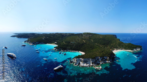 Fototapeta Naklejka Na Ścianę i Meble -  Aerial drone panoramic photo of tropical caribbean bay with white sand beach and beautiful turquoise and sapphire clear sea