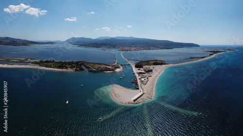 Fototapeta Naklejka Na Ścianę i Meble -  Aerial drone panoramic photo of tropical caribbean bay with white sand beach and beautiful turquoise and sapphire clear sea