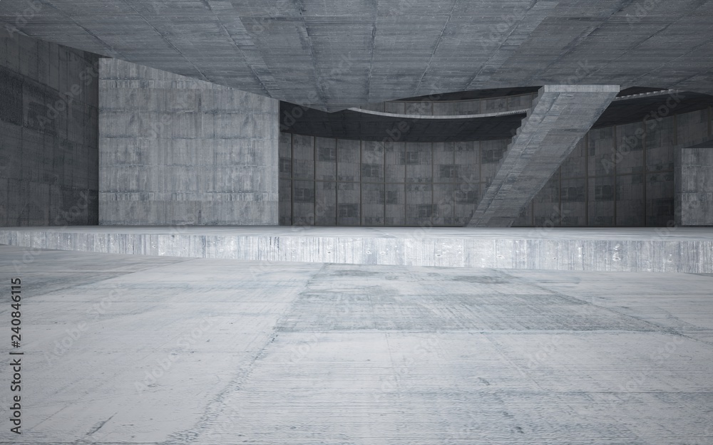 Abstract concrete interior multilevel public space with window. 3D illustration and rendering. Abstract concrete interior multilevel public space with window. 3D illustration and rendering.
