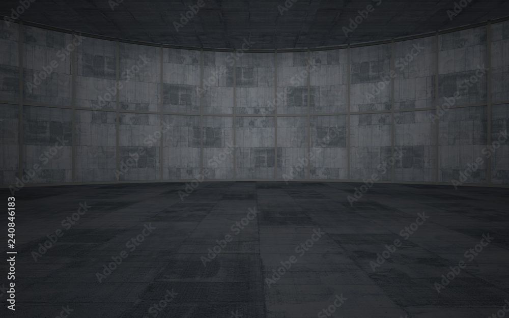 Abstract concrete interior multilevel public space with window. 3D illustration and rendering.