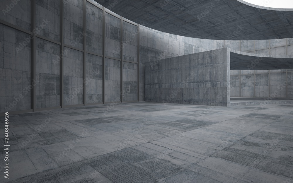 Abstract concrete interior multilevel public space with window. 3D illustration and rendering. Abstract concrete interior multilevel public space with window. 3D illustration and rendering.