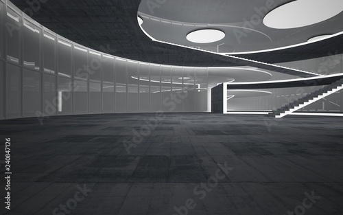 Abstract white and concrete interior multilevel public space with neon lighting. 3D illustration and rendering.