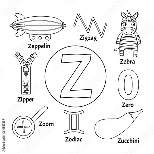 Vector cute kids animal alphabet. Letter Z. Set of cute cartoon illustrations. Coloring page. 
