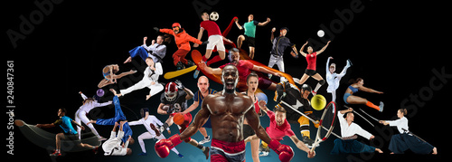 Sport collage about kickboxing, football, basketball, ice hockey, badminton, volleyball, snowboard, aikido, karate tennis, rugby, gymnastics on black background