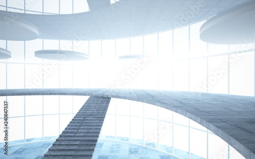 Abstract white and concrete interior multilevel public space with window. 3D illustration and rendering.