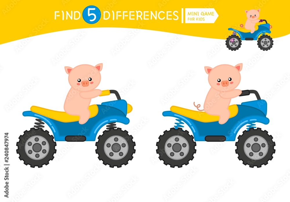 Find differences. Educational game for children. Cartoon vector illustration of cute pig on an quad bike. Find differences. Educational game for children. Cartoon vector illustration of cute pig on an quad bike.