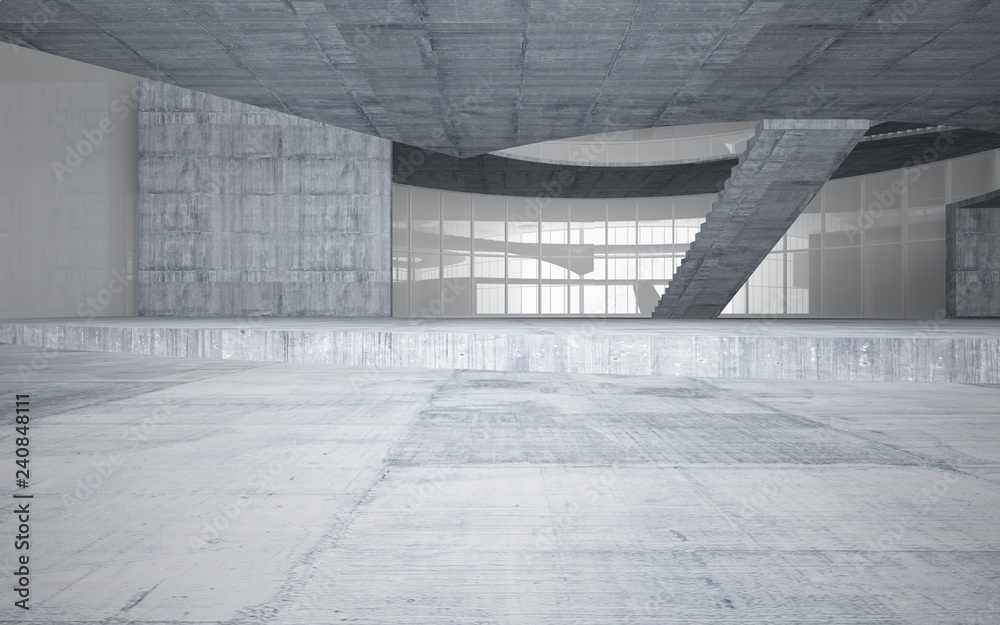 Abstract white and concrete interior multilevel public space with window. 3D illustration and rendering. Abstract white and concrete interior multilevel public space with window. 3D illustration and rendering.