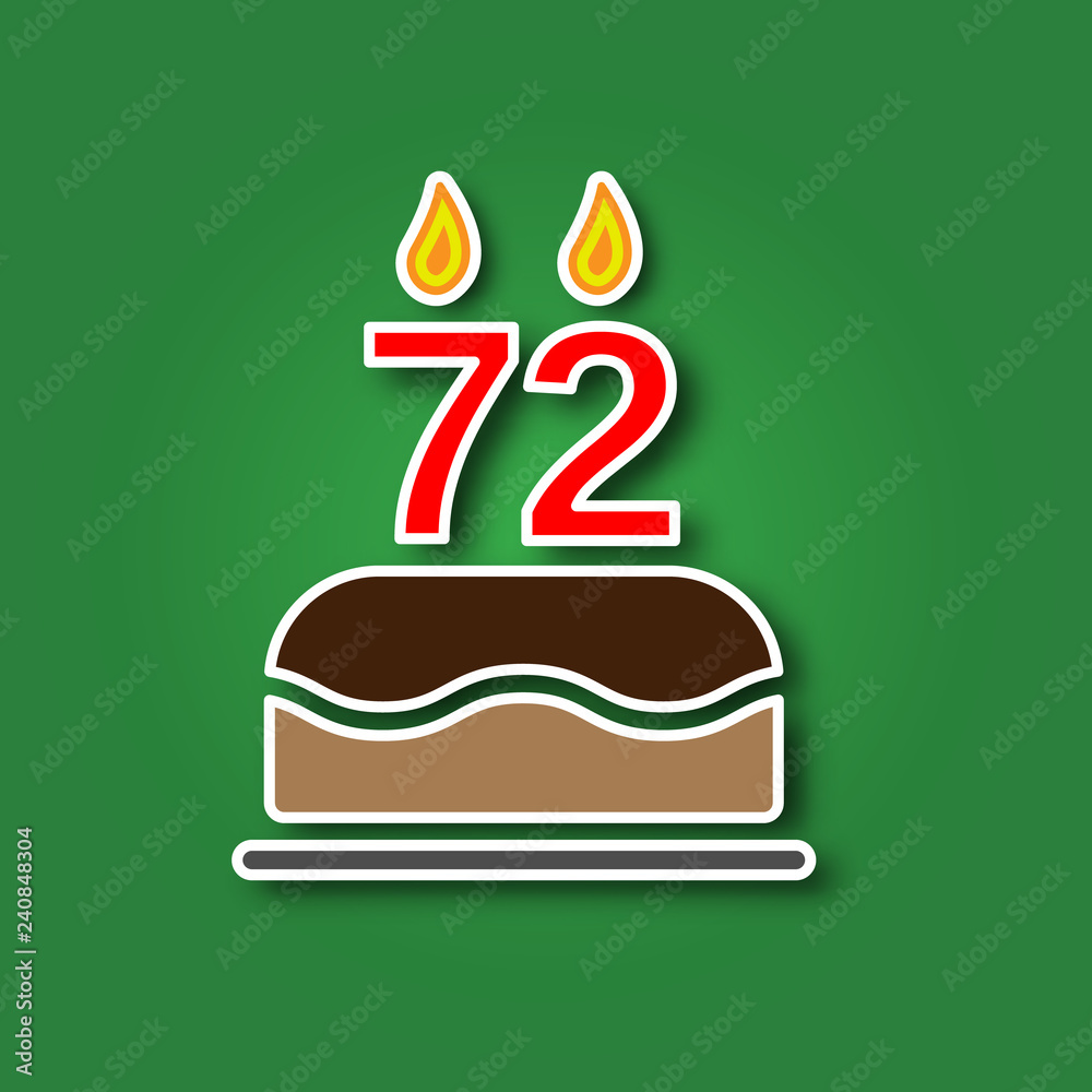 Birthday cake with a candle in the form of a number 72, in the form of a sticker with a shadow icon. Happy Birthday concept symbol design. Stock - Vector illustration can be used for web. Birthday cake with a candle in the form of a number 72, in the form of a sticker with a shadow icon. Happy Birthday concept symbol design. Stock - Vector illustration can be used for web.