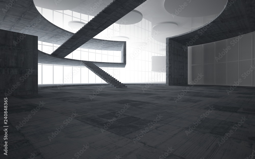 Fototapeta premium Abstract white and concrete interior multilevel public space with window. 3D illustration and rendering.