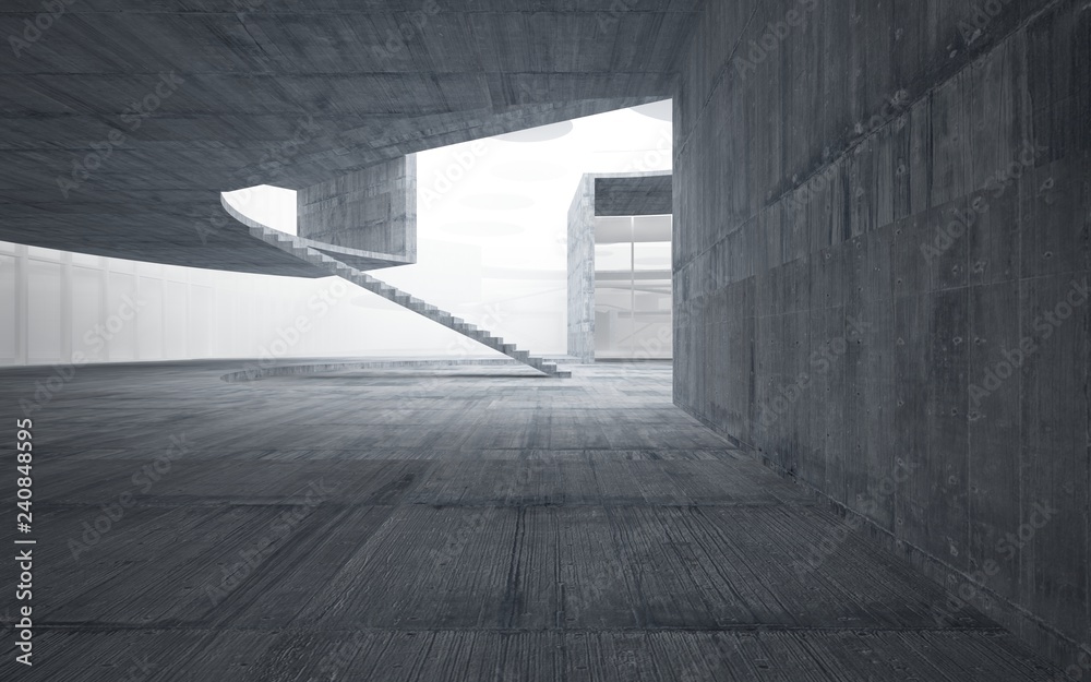Abstract white and concrete interior multilevel public space with window. 3D illustration and rendering. Abstract white and concrete interior multilevel public space with window. 3D illustration and rendering.