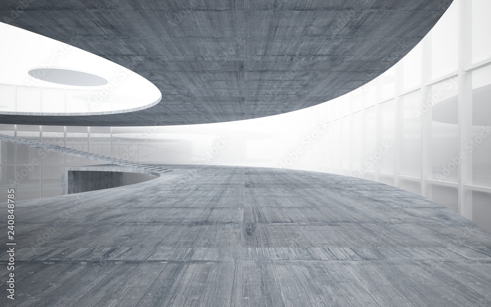 Abstract white and concrete interior multilevel public space with window. 3D illustration and rendering.