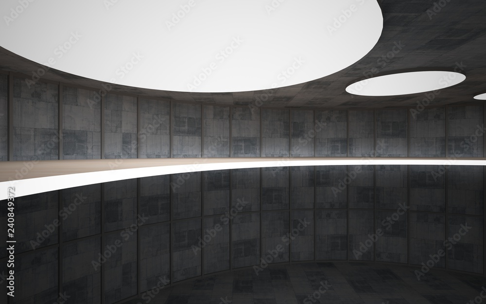 Obraz premium Abstract concrete and wood interior multilevel public space with neon lighting. 3D illustration and rendering.