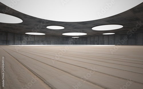 Abstract concrete and wood interior multilevel public space with neon lighting. 3D illustration and rendering.