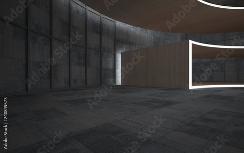 Abstract  concrete and wood interior multilevel public space with neon lighting. 3D illustration and rendering.