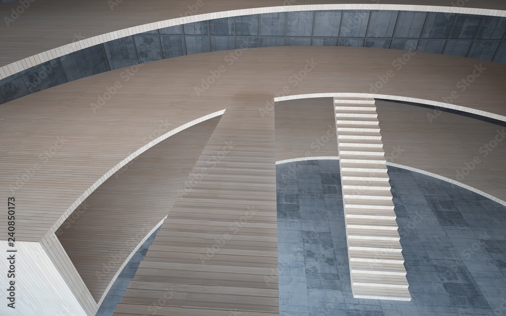 Fototapeta premium Abstract concrete and wood interior multilevel public space with window. 3D illustration and rendering.