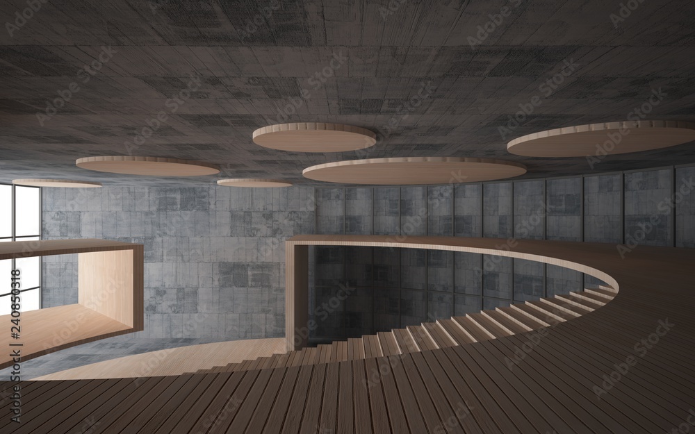 Abstract  concrete and wood interior multilevel public space with window. 3D illustration and rendering.
