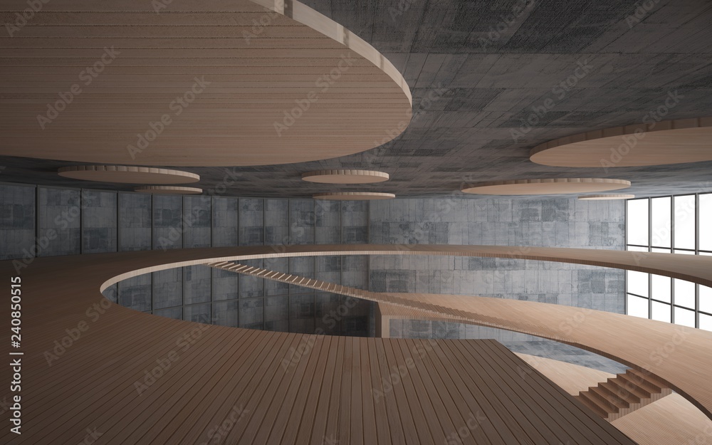 Obraz premium Abstract concrete and wood interior multilevel public space with window. 3D illustration and rendering.
