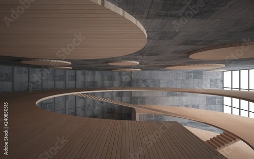 Abstract  concrete and wood interior multilevel public space with window. 3D illustration and rendering.