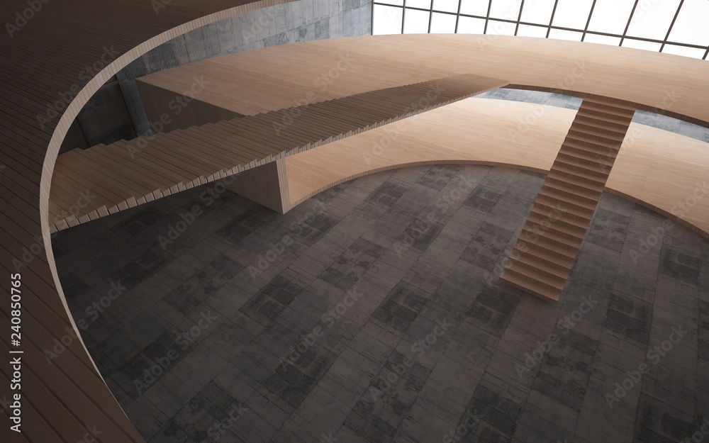 Obraz premium Abstract concrete and wood interior multilevel public space with window. 3D illustration and rendering.