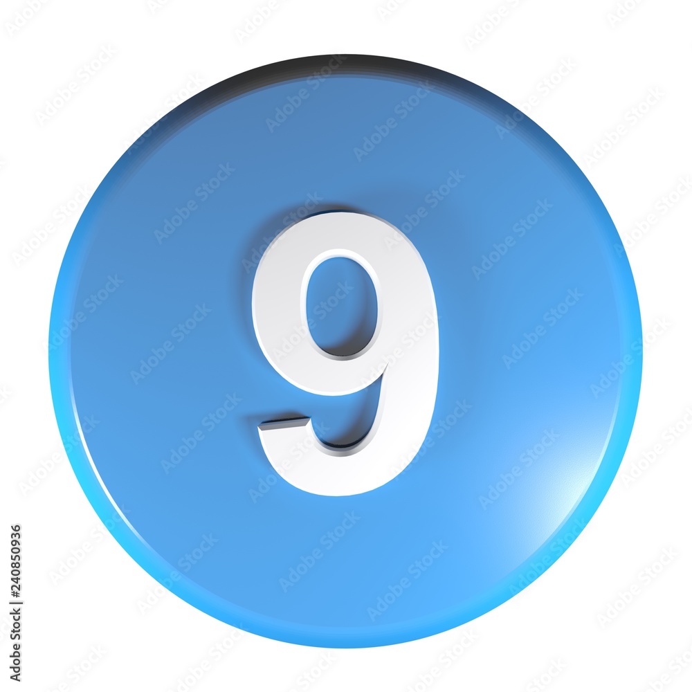 Number 9 blue circle push button - 3D rendering illustration Number 9 blue circle push button - 3D rendering illustration