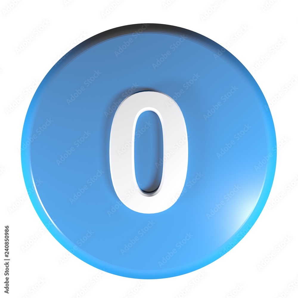 Number 0 blue circle push button - 3D rendering illustration Number 0 blue circle push button - 3D rendering illustration