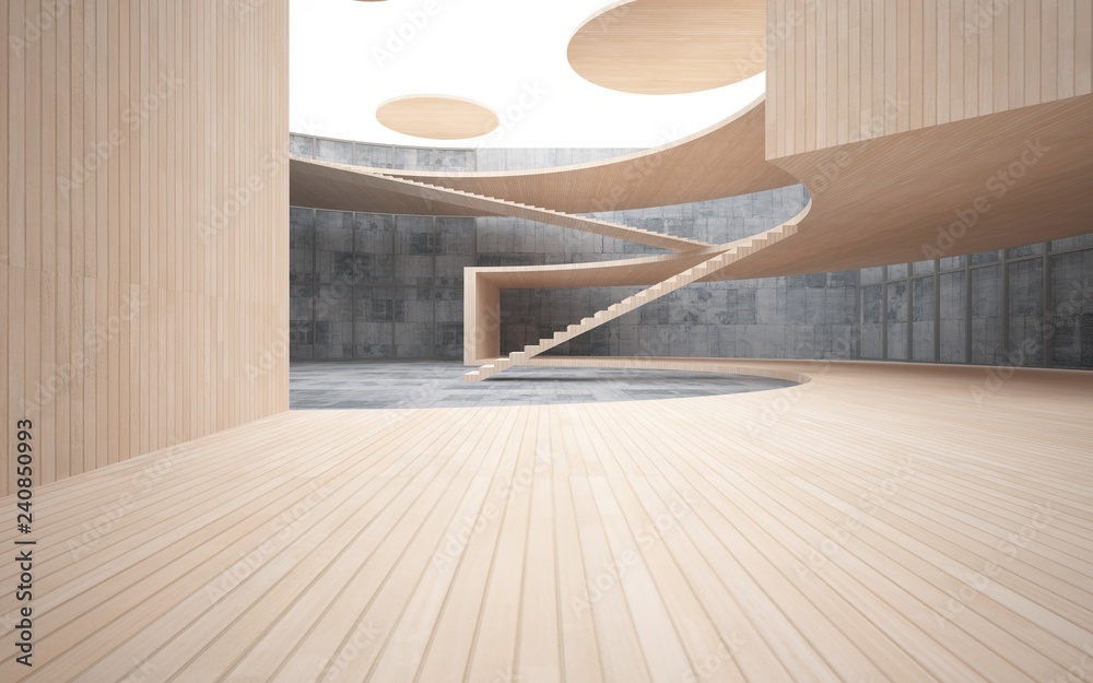 Abstract concrete and wood interior multilevel public space with window. 3D illustration and rendering.