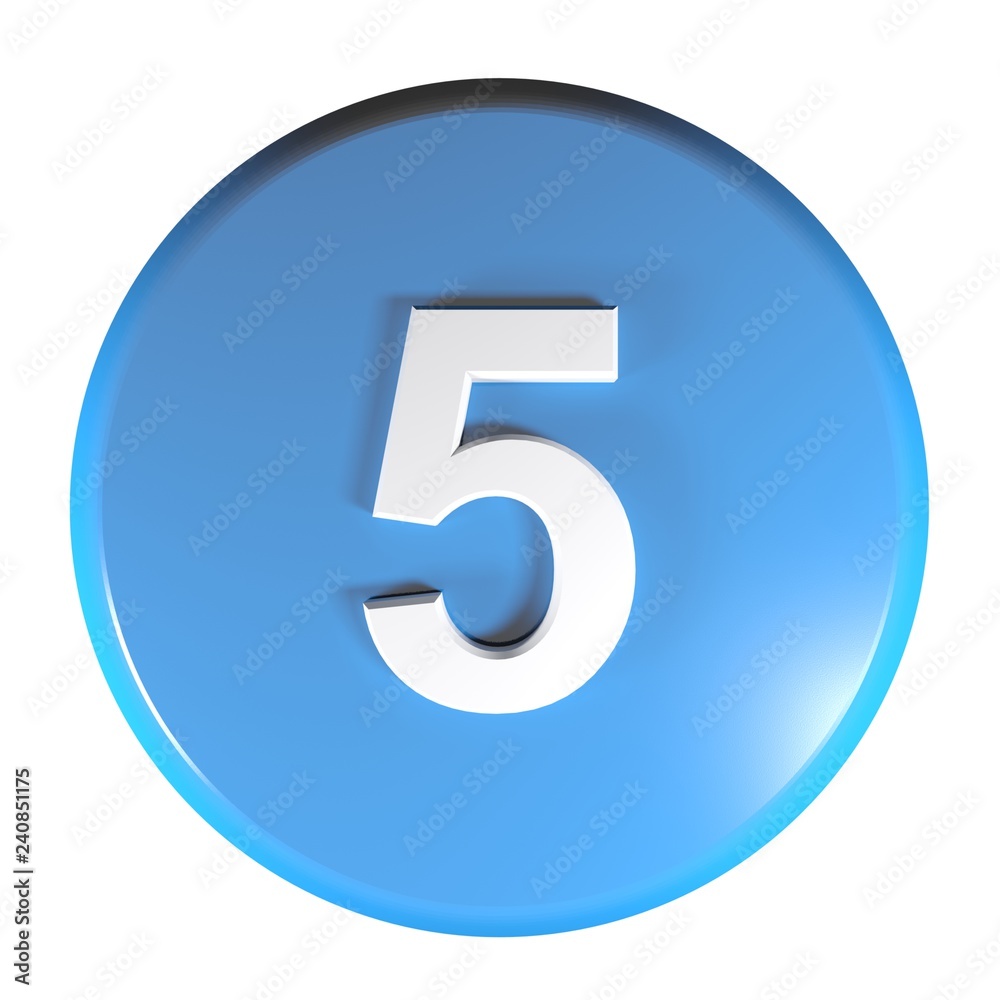 Number 5 blue circle push button - 3D rendering illustration Number 5 blue circle push button - 3D rendering illustration