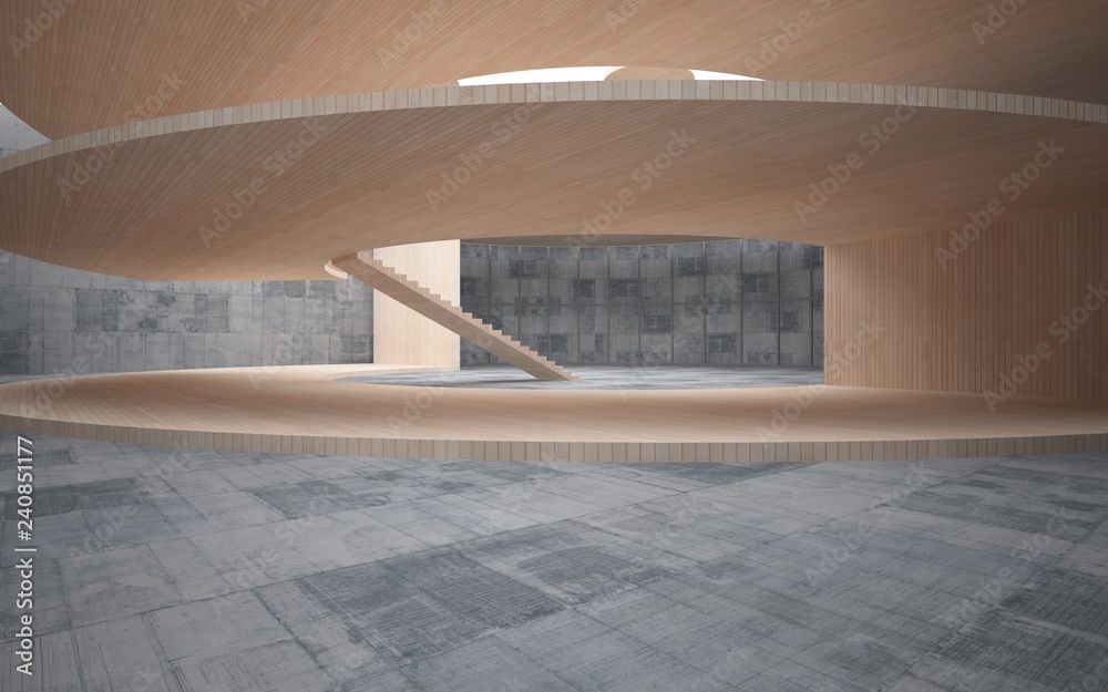 Obraz premium Abstract concrete and wood interior multilevel public space with window. 3D illustration and rendering.