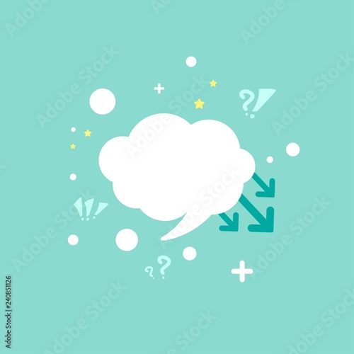 white chat speech bubble with questions, arrows, dots and other symbols. Vector flat icon.