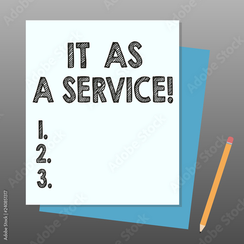 Conceptual hand writing showing It As A Service. Business photo showcasing Information technology giving services to business Stack of Different Pastel Color Construct Bond Paper Pencil photo