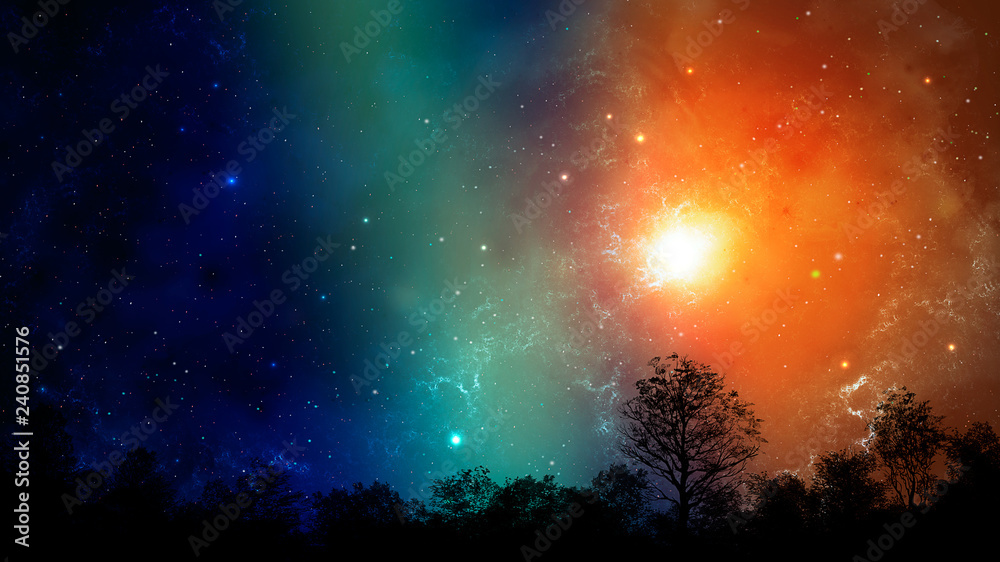Space scene.Colorful nebula with tree silhouette. Elements furnished by NASA. 3D rendering Space scene.Colorful nebula with tree silhouette. Elements furnished by NASA. 3D rendering