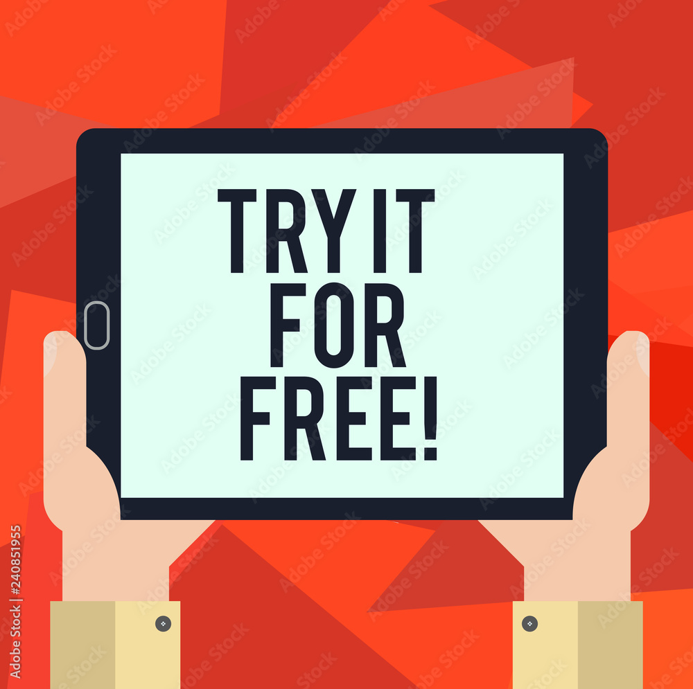 Word writing text Try It For Free. Business concept for Trial at not any cost Offer promotion big discount Hu analysis Hand Holding Blank Screen Tablet Smartphone Display Unit photo Word writing text Try It For Free. Business concept for Trial at not any cost Offer promotion big discount Hu analysis Hand Holding Blank Screen Tablet Smartphone Display Unit photo