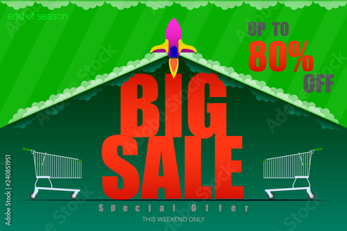 rocket launch big sale up to 80% end of season special offer green tone vector illustration eps10