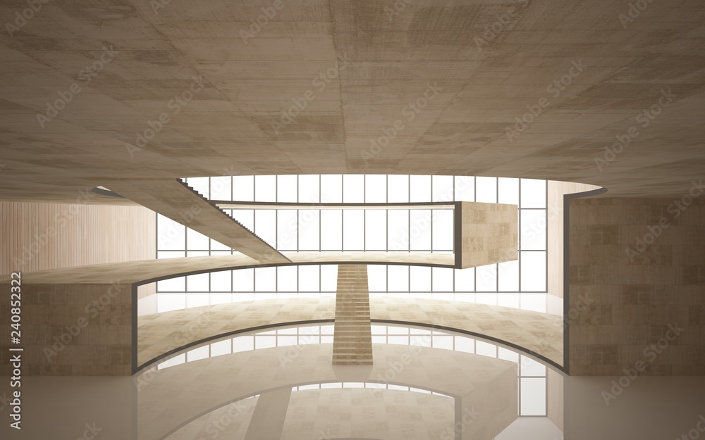 Obraz premium Abstract concrete and wood interior multilevel public space with window. 3D illustration and rendering.