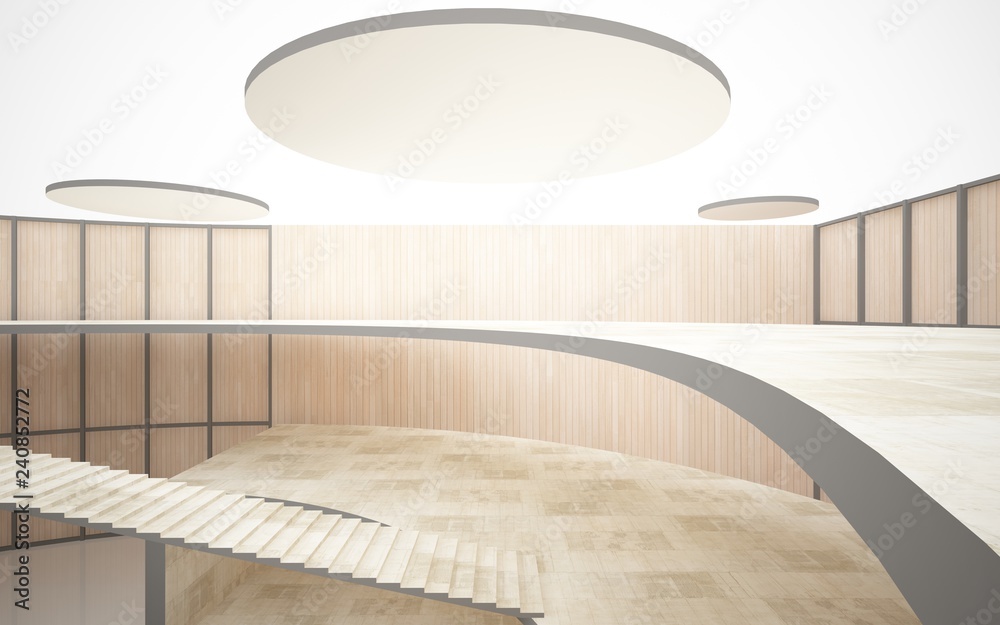 Obraz premium Abstract concrete and wood interior multilevel public space with window. 3D illustration and rendering.