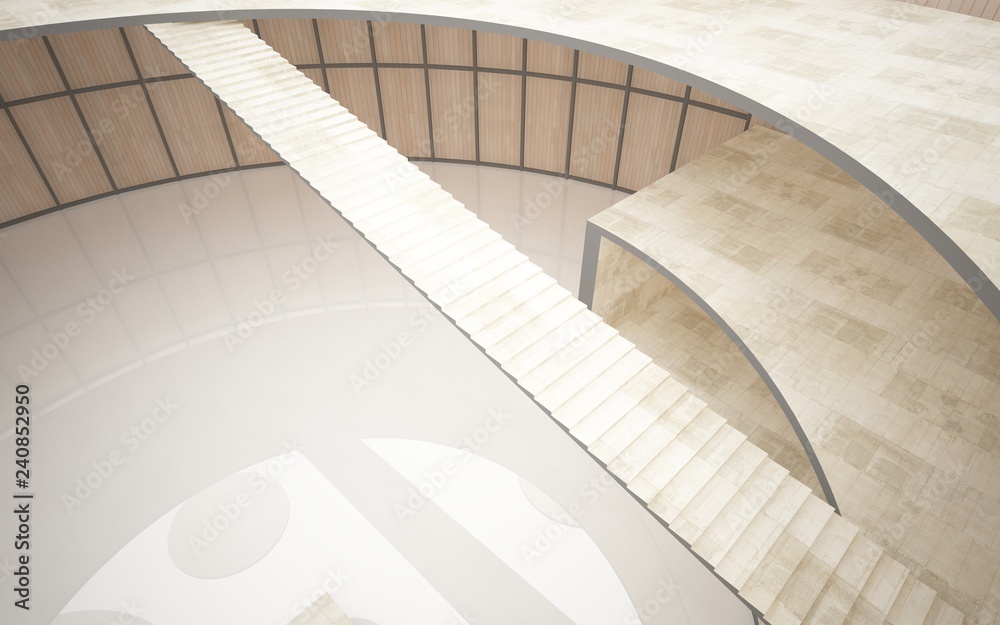 Fototapeta premium Abstract concrete and wood interior multilevel public space with window. 3D illustration and rendering.