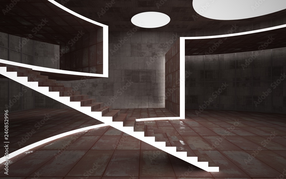 Obraz premium Abstract concrete and rusty metal interior multilevel public space with neon lighting. 3D illustration and rendering.