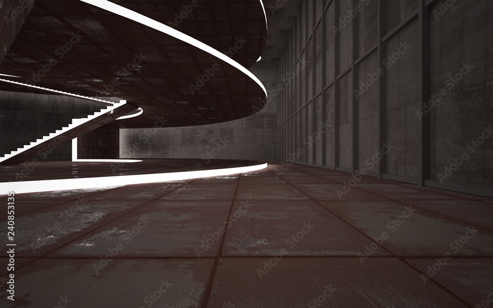 Abstract concrete and rusty metal interior multilevel public space with neon lighting. 3D illustration and rendering. Abstract concrete and rusty metal interior multilevel public space with neon lighting. 3D illustration and rendering.