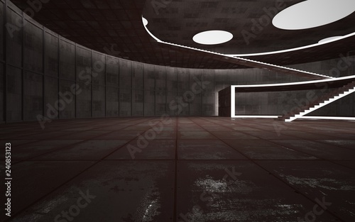 Abstract concrete and rusty metal interior multilevel public space with neon lighting. 3D illustration and rendering.