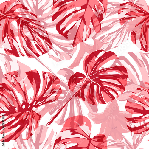 Tropical Print. Exotic Palm Greenery Backdrop. Summer Design for Swimwear. Repeating Illustration. Vector Tropical Seamless Print.