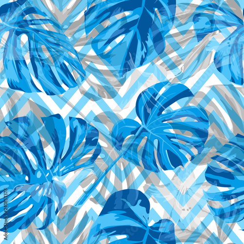 Jungle Pattern. Exotic Palm Greenery Backdrop. Repeating Illustration. Summer Design for Swimwear. Seamless Jungle Pattern.