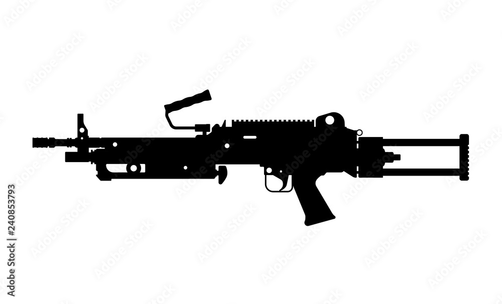 Black silhouette of machine gun on white background. Automatic weapon of  army. Isolated image. Military ammunition