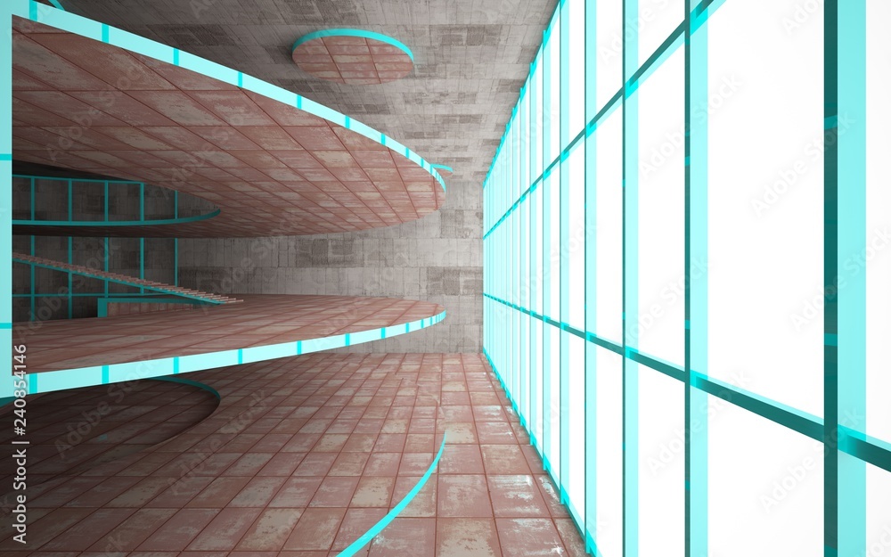 Abstract  concrete and rusty metal interior multilevel public space with window. 3D illustration and rendering.
