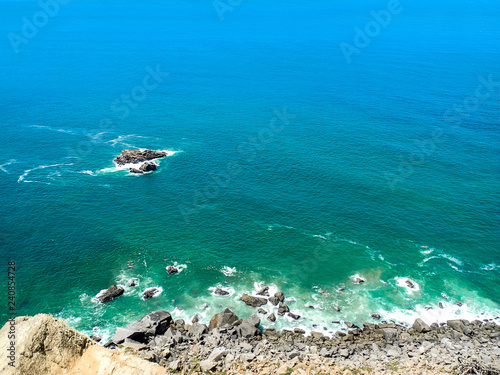 Cabo de Roca, Atlantic ocean, high cliffs and turquoise water. Panoramic view.