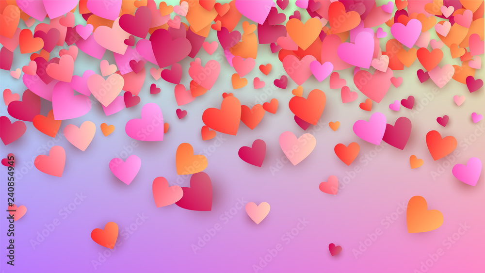 Valentine's Day Background. Heart Confetti Pattern. Banner Template. Many Random Falling Beautifull Hearts on Hologram Backdrop. Vector Valentine's Day Background.